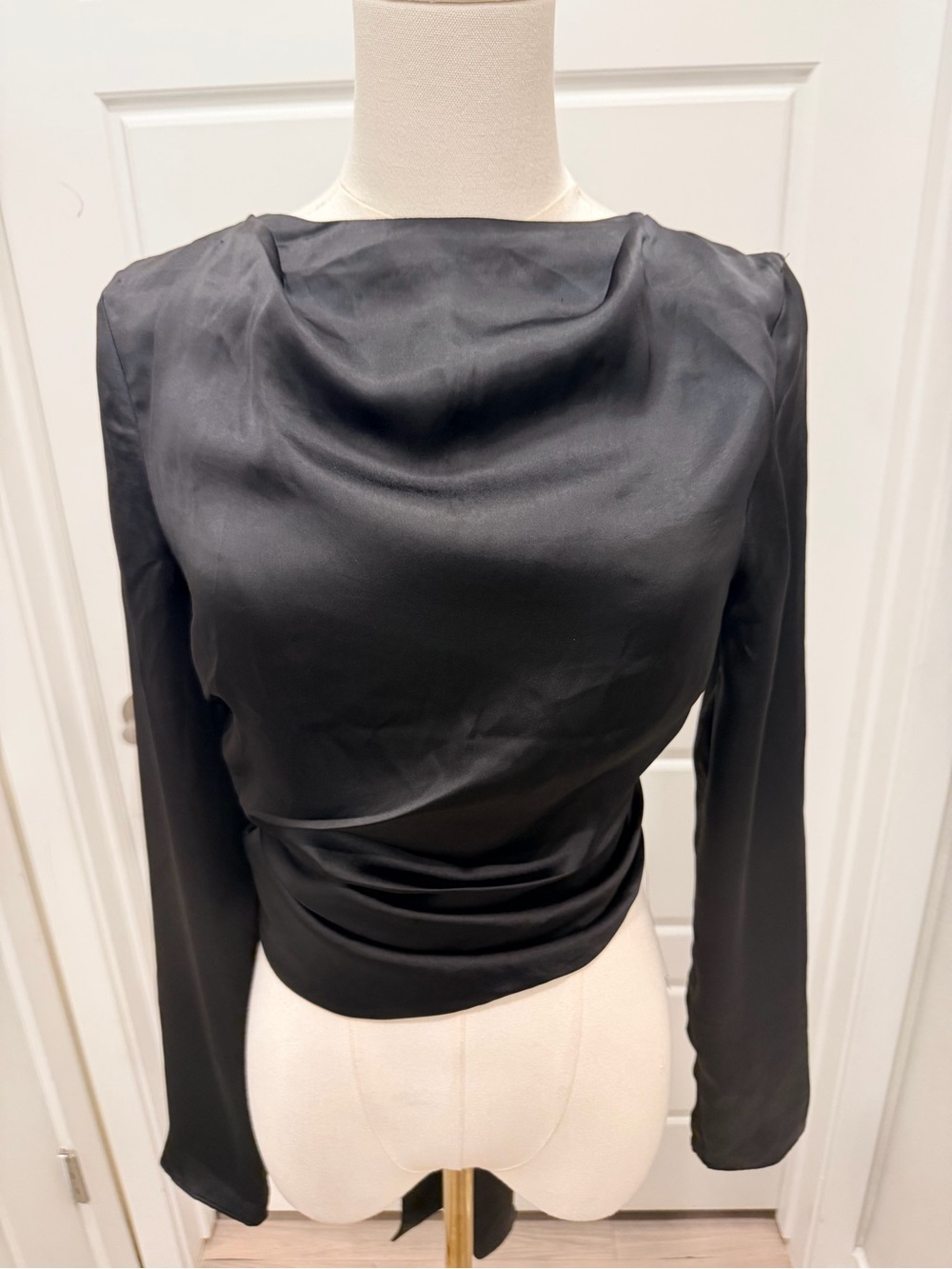 Zara Black Satin Drape Neck Long Sleeve Open Back Top NWT - Picture 3 of 6